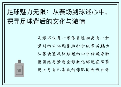 足球魅力无限：从赛场到球迷心中，探寻足球背后的文化与激情