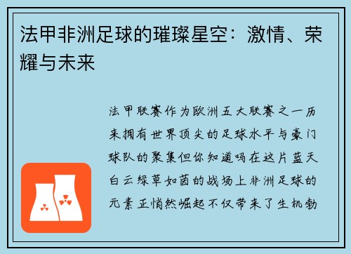 法甲非洲足球的璀璨星空：激情、荣耀与未来