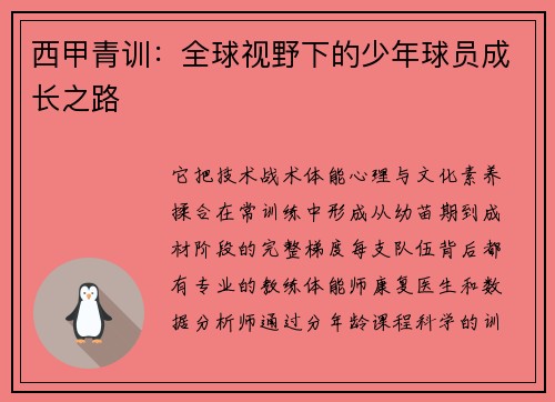 西甲青训：全球视野下的少年球员成长之路