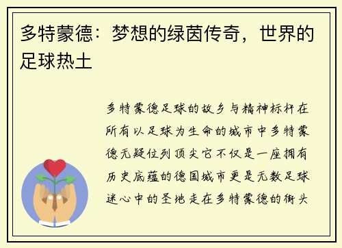 多特蒙德:梦想的绿茵传奇,世界的足球热土 多特蒙德:梦想的绿茵传奇,世界的足球热土