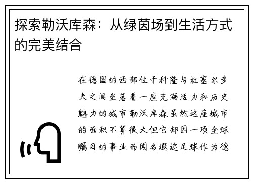 探索勒沃库森：从绿茵场到生活方式的完美结合